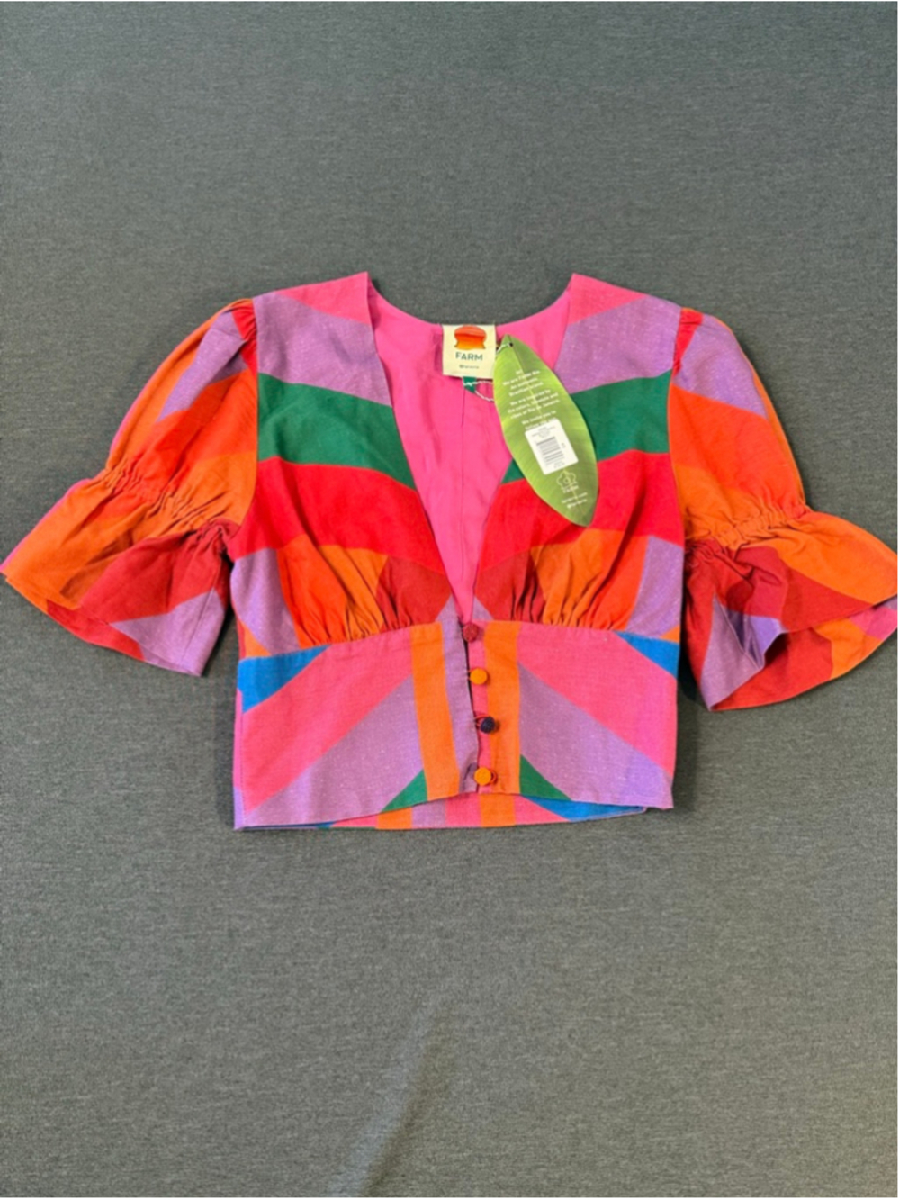 NWT FARM Rio Amanda Stripes Colorful Puff Sleeve Crop Top XS - Picture 7 of 8